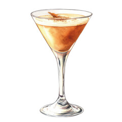 A sleek martini glass filled with a creamy brown beverage, garnished with a sprinkle of spice.