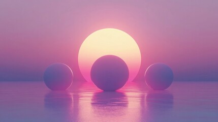Pink and Purple Sunset over Calm Water with Three Spheres