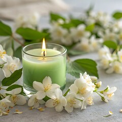 Green Scented Candle Surrounded by Jasmine Flowers with Soft Bokeh Background