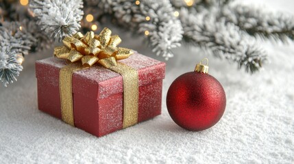 Sparkling christmas gift and red ornament with snowy evergreen decor
