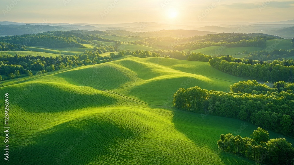 Aufkleber rolling hills adorned in lush green bask in the soft sunlight of dawn, creating a tranquil atmospher