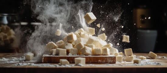 Culinary Delight: Tofu Explosion on Wooden Board