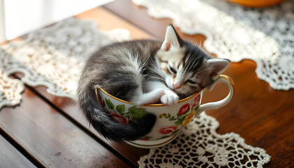 There is a cat sitting in a cup on a table 4k background wallpaper