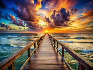 Fototapeta premium Surreal Seascape: Lonely Boardwalk Extending into a Dreamlike Ocean at Sunset