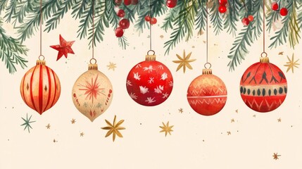 Naklejka premium Watercolor Christmas Ornaments with Fir Branches
