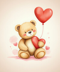 Obraz premium Cute teddy bear holding a heart-shaped balloon and a heart, surrounded by love and warmth in a charming artistic display