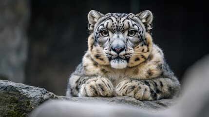 Obraz premium A majestic snow leopard gazes curiously, showcasing its striking features and unique spotted fur against a natural backdrop.