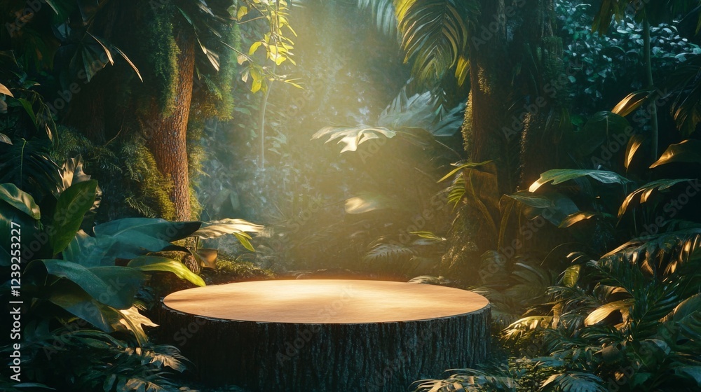 Poster sunlight filters through trees, illuminating a natural podium made from a stump in a vibrant spring 