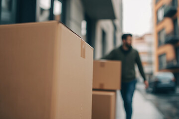 Family Relocation with Cardboard Boxes and Belongings in New Apartment Interior, Generative AI photo art