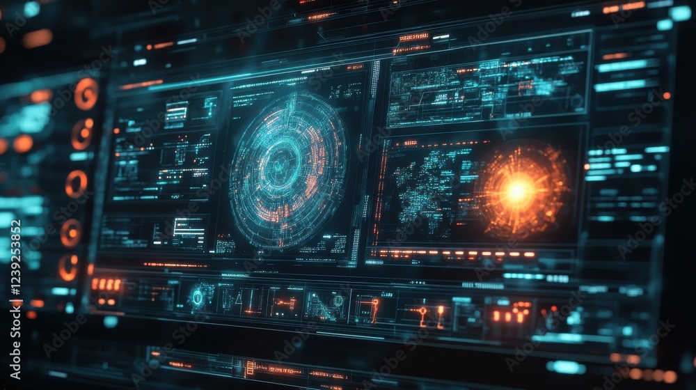 Poster futuristic digital interface with holographic displays and data analysis on multiple screens