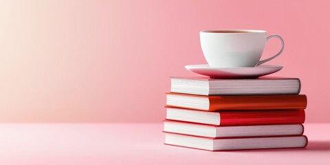 Vintage books stacked next to a cup of tea, inviting thrift store atmosphere, neutral background
