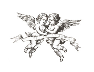 Engraving illustration of two adorable cherubs flying, holding a ribbon. Black and white.