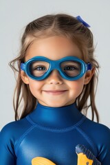 Smiling young girl wearing blue goggles and wetsuit for water activities
