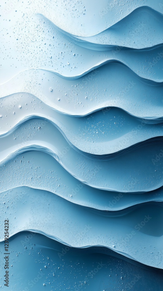 Poster layers of pale blue undulate softly, mimicking tranquil ocean waves. delicate droplets glisten on th