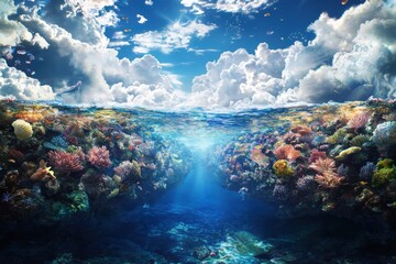 Obraz premium Dynamic underwater kingdom adventure ocean digital artwork marine environment perspective vibrant coral and mermaids for optimal seo impact
