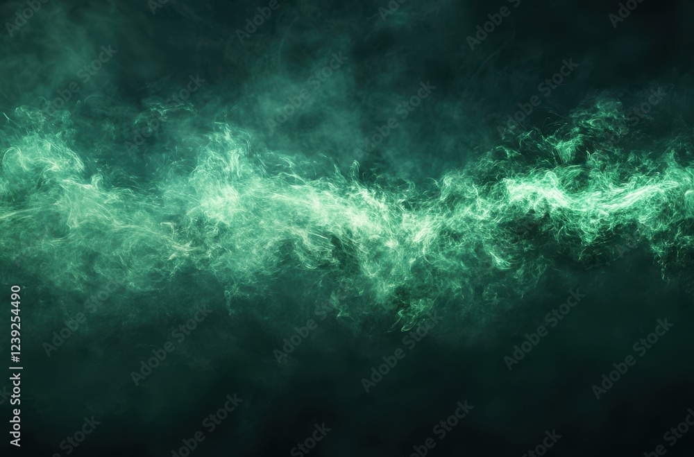 Poster ethereal green smoke flowing across a dark background with hints of mystery and enchantment as it sw