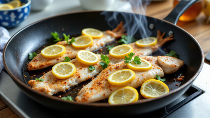 Pan-seared fish fillets with lemon slices and herbs.