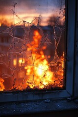 Close-Up of a Burning Apartment Window with Cracks and Scorch Marks