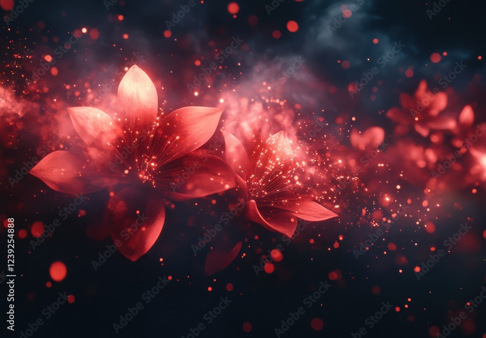Poster ethereal red flowers surrounded by mystical sparkles and soft bokeh effects against a dark backgroun