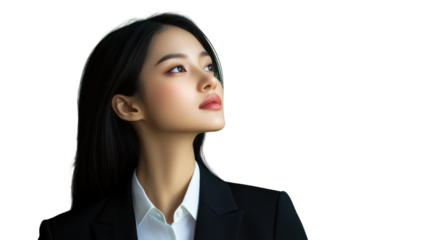 Businesswoman looking up with transparent background