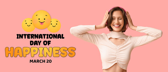 Beautiful young woman in modern headphones listening music on pink background