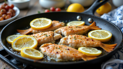 Fototapeta premium Tasty looking grilled fish on a pan with lemon slices.
