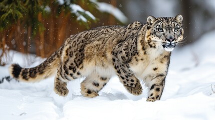 A snow leopard prowls through a snowy landscape, showcasing its beautiful spotted coat against the pristine white backdrop.