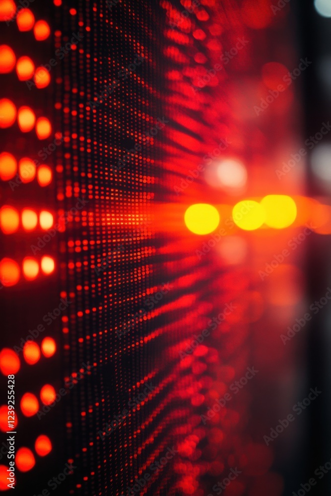 Poster close-up view of a vibrant red led display with glowing light patterns