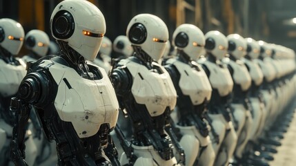 Fototapeta premium Row of futuristic white robots with orange eyes in industrial setting