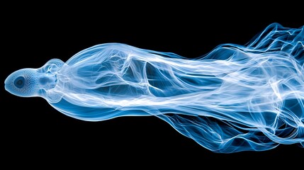 Abstract blue smoke, fish-like form, dark background, design element