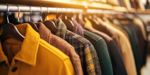 Obraz premium Woman browsing through a rack of vintage coats in a cozy thrift store, neutral background
