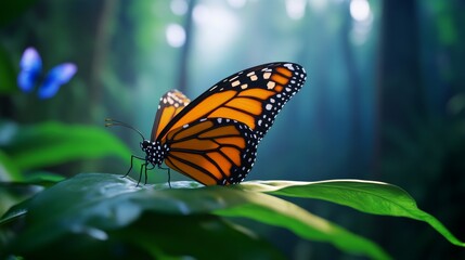 Obraz premium Monarch Butterfly on Leaf in Forest - A monarch butterfly rests on a vibrant green leaf, symbolizing transformation, freedom, beauty, nature