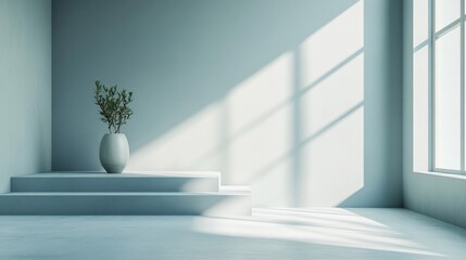Minimalist Light Blue Interior Room with Plant on Steps