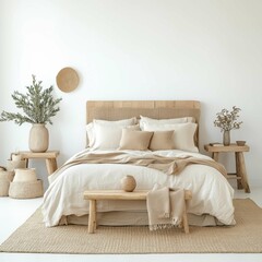 Fototapeta premium Cozy and Minimalistic Bedroom with Neutral Tones and Natural Decor