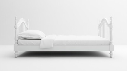 Elegant white wooden bed with clean linens in minimalist bright room setting