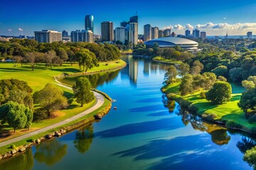 Naklejka premium Sydney Olympic Park Panorama: Rhodes River, Lush Greenery, and Modern Architecture