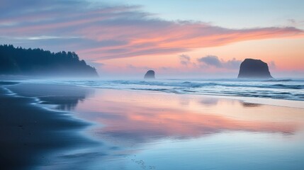 Fototapeta premium Misty Beach at Sunrise with Colorful Sky and Reflective Water