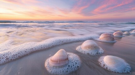 Tranquil Sunset Over Gentle Waves and Shells on Sandy Beach