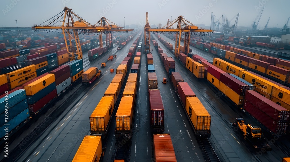 Poster aerial shot of a vast railway freight yard with rows of cargo trains loading and unloading their shi