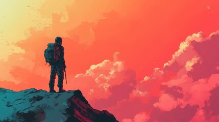 Lone Backpacker Contemplates Sunset Landscape From Mountain Peak