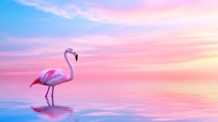 Fototapeta premium Pink Flamingo Sunset Serenity - A single flamingo stands in calm, pink-hued water at sunset. Symbolizing peace, beauty, grace, freedom, and tranquility.