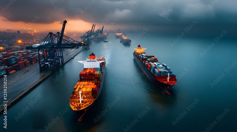 Poster aerial view of a bustling container port with massive cargo ships docked alongside towering gantry c