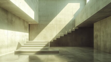 Naklejka premium Modern minimalist concrete interior with stairs and sunlight casting long shadows