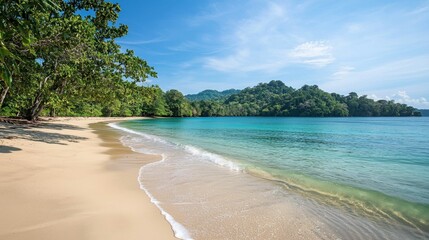Fototapeta premium Serene Tropical Beach Scene with Clear Water and Lush Greenery