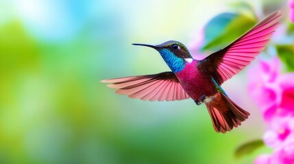 Pink Hummingbird in Flight Nature's Beauty - A vibrant hummingbird, wings outstretched, hovers near pink blossoms, symbolizing freedom, grace, beauty, nature, and life.