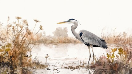 Heron wading in marsh, autumn, nature scene