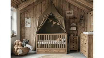Rustic crib canopy in wooden attic nursery
