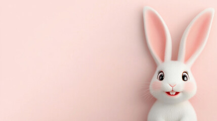 Fototapeta premium Smiling pink rabbit with long ears against soft pink background