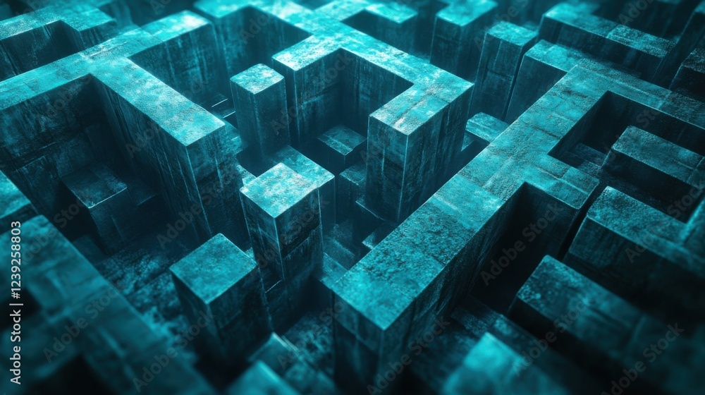 Poster abstract 3d maze structure with geometric blocks in blue-toned lighting