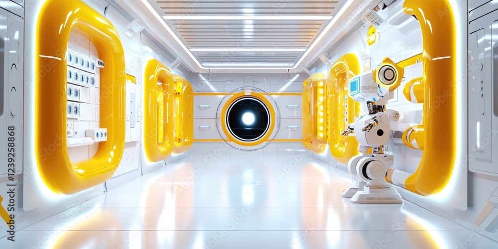 Poster Futuristic science lab, featuring a robot interacting with an AI software interface, clean backdrop